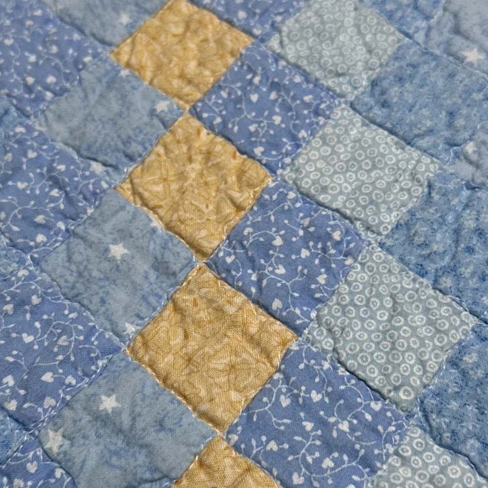 Vintage Handmade Baby /Child Quilt Blues Greens Floral Small Diamonds 60